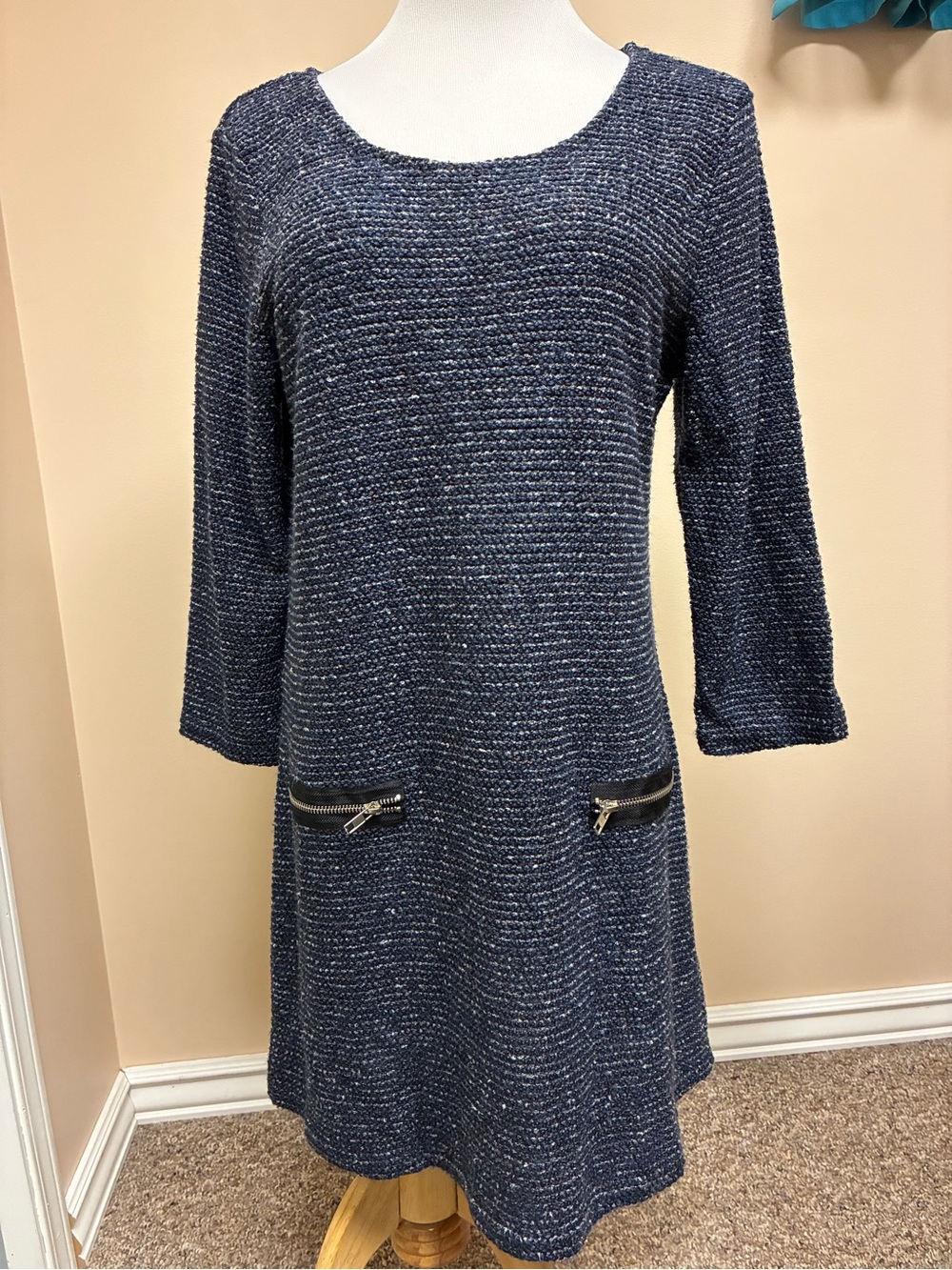 Papillon Size XL Nav/White Textured Shift Dress with Zip Pocket Accents